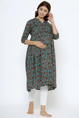 Grey Cotton Floral Jaal Sweetheart Neck Nursing Kurta