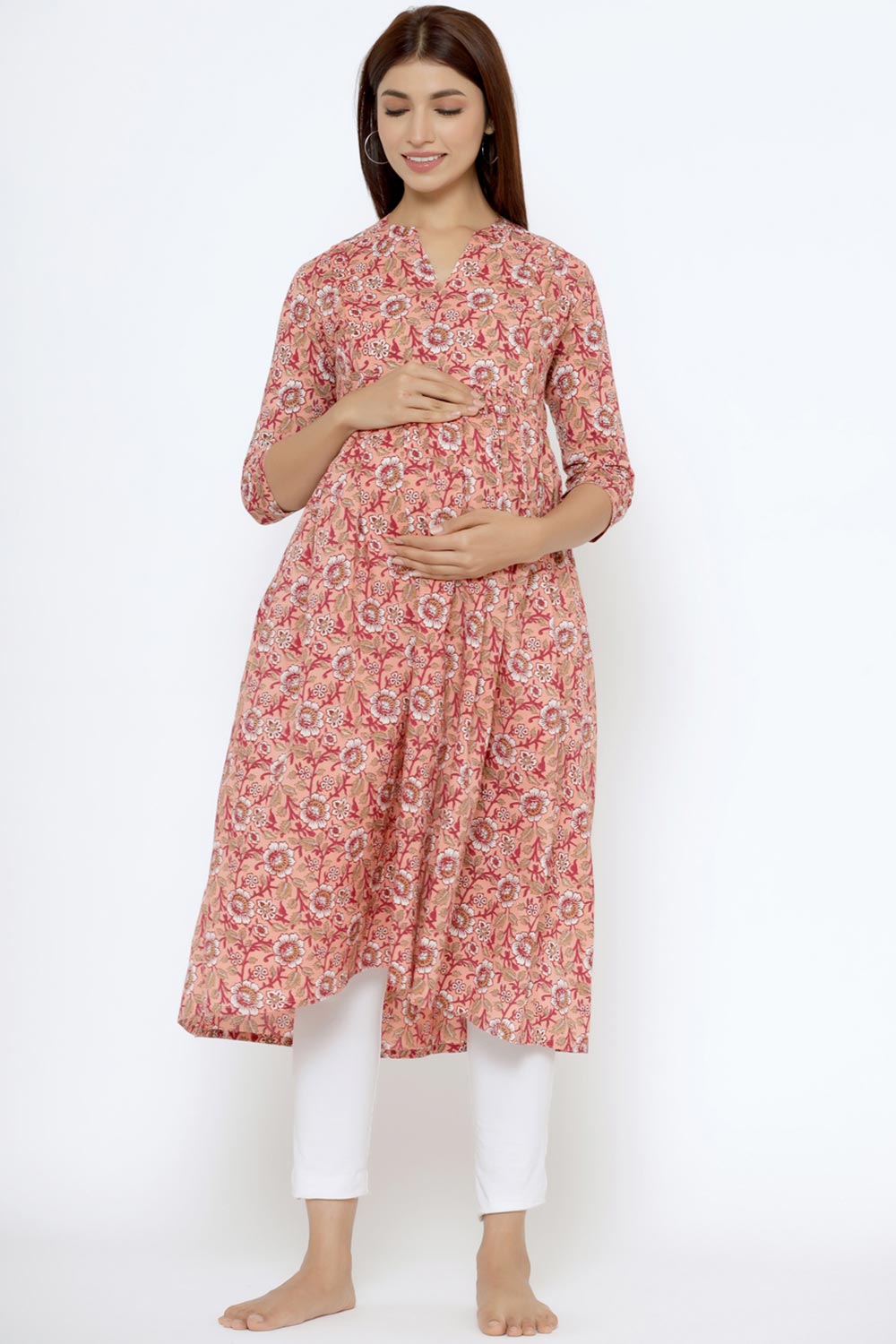 Peach Cotton Floral Jaal Sweetheart Neck Nursing Kurta