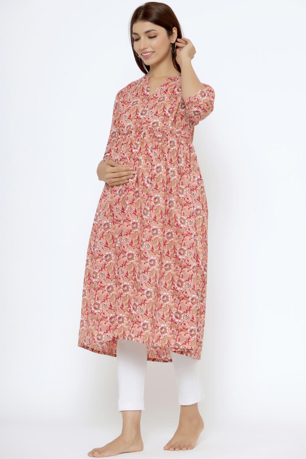 Peach Cotton Floral Jaal Sweetheart Neck Nursing Kurta