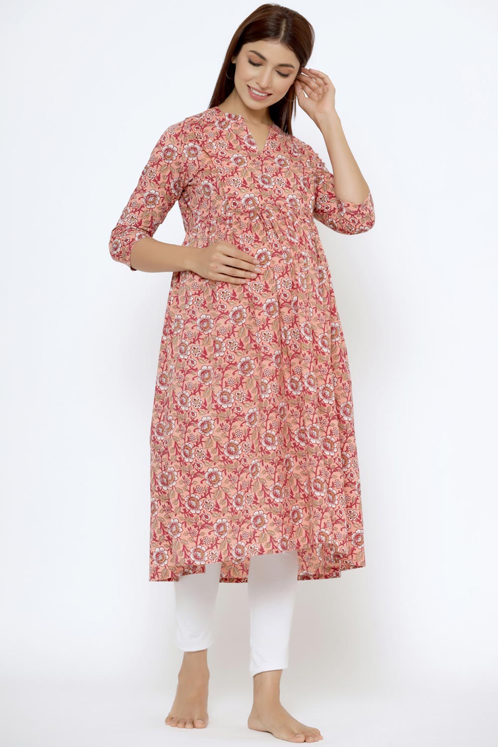 Peach Cotton Floral Jaal Sweetheart Neck Nursing Kurta