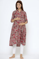 Pink Cotton Floral Jaal Sweetheart Neck Nursing Kurta