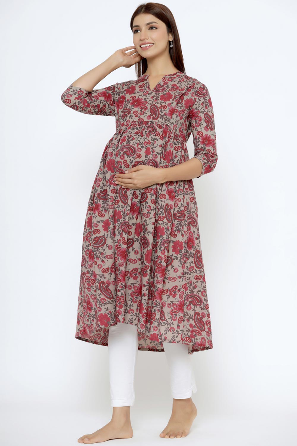 Pink Cotton Floral Jaal Sweetheart Neck Nursing Kurta