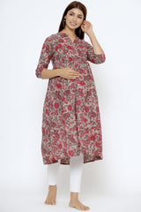 Pink Cotton Floral Jaal Sweetheart Neck Nursing Kurta