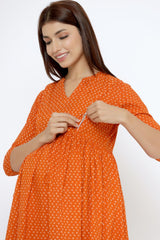 Orange Cotton Floral Jaal Sweetheart Neck Nursing Kurta