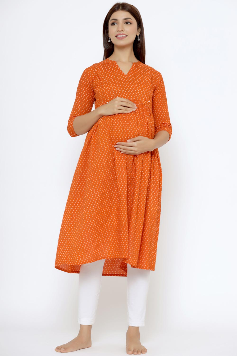 Orange Cotton Floral Jaal Sweetheart Neck Nursing Kurta