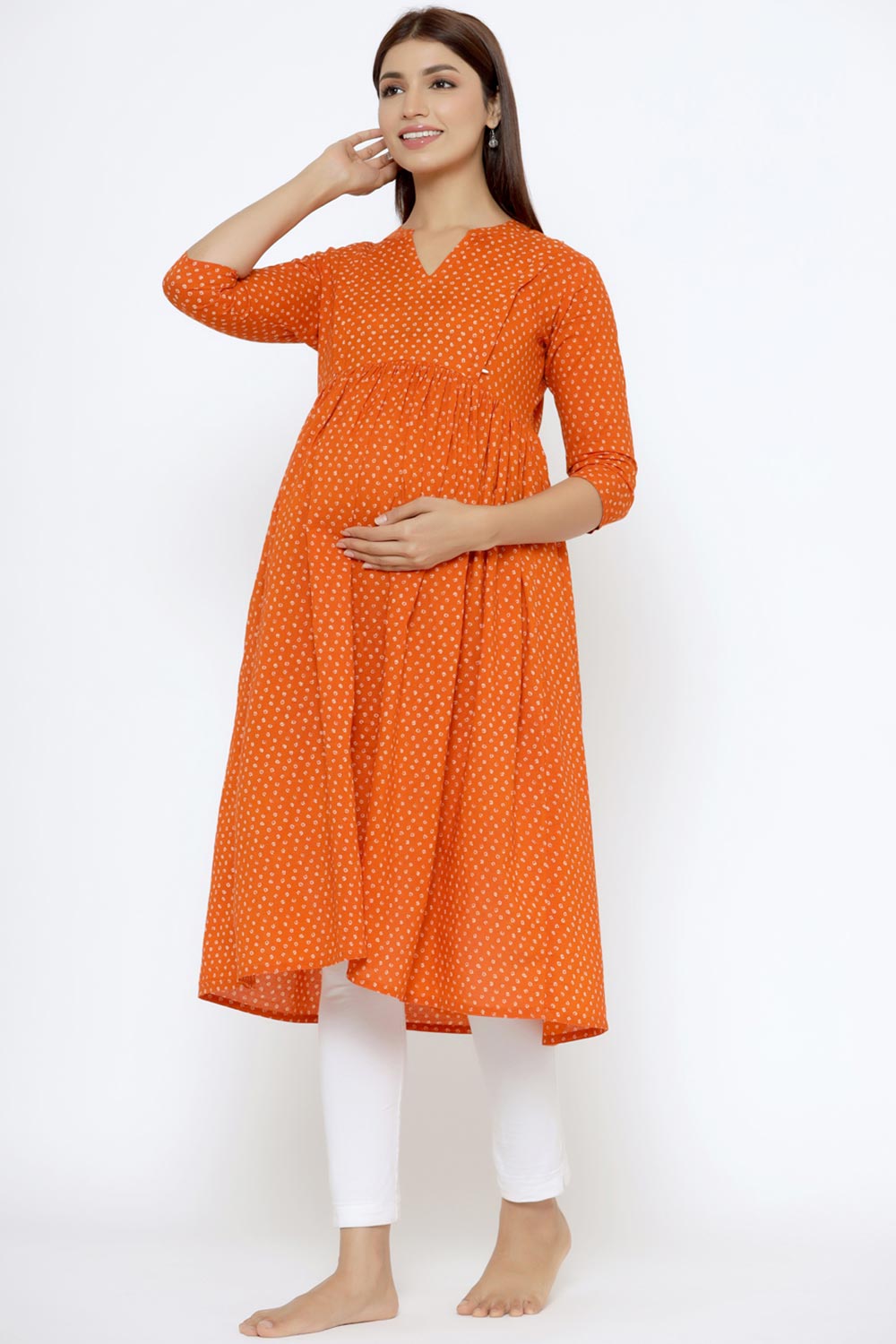 Orange Cotton Floral Jaal Sweetheart Neck Nursing Kurta