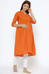 Orange Cotton Floral Jaal Sweetheart Neck Nursing Kurta