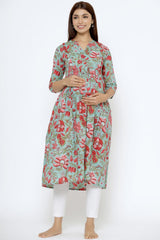 Green & Red Cotton Floral Jaal Sweetheart Neck Nursing Kurta