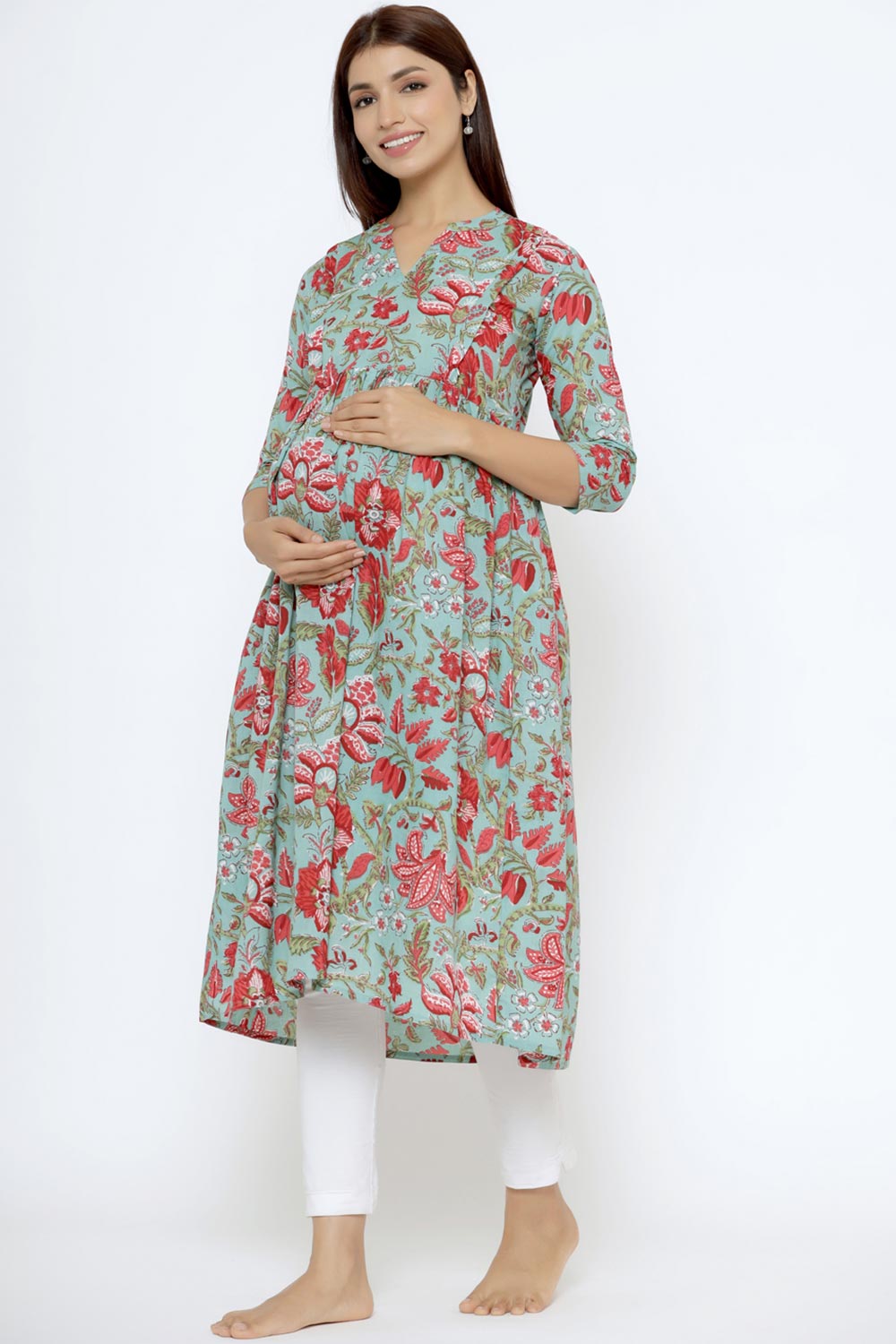 Green & Red Cotton Floral Jaal Sweetheart Neck Nursing Kurta