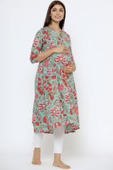 Green & Red Cotton Floral Jaal Sweetheart Neck Nursing Kurta