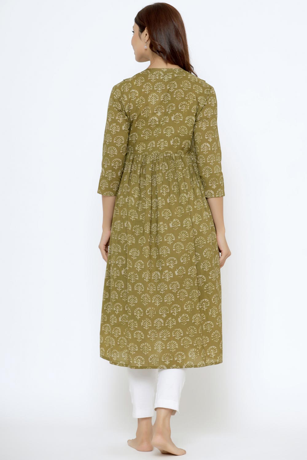 Green Cotton Boota Print Sweetheart Neck Nursing Kurta