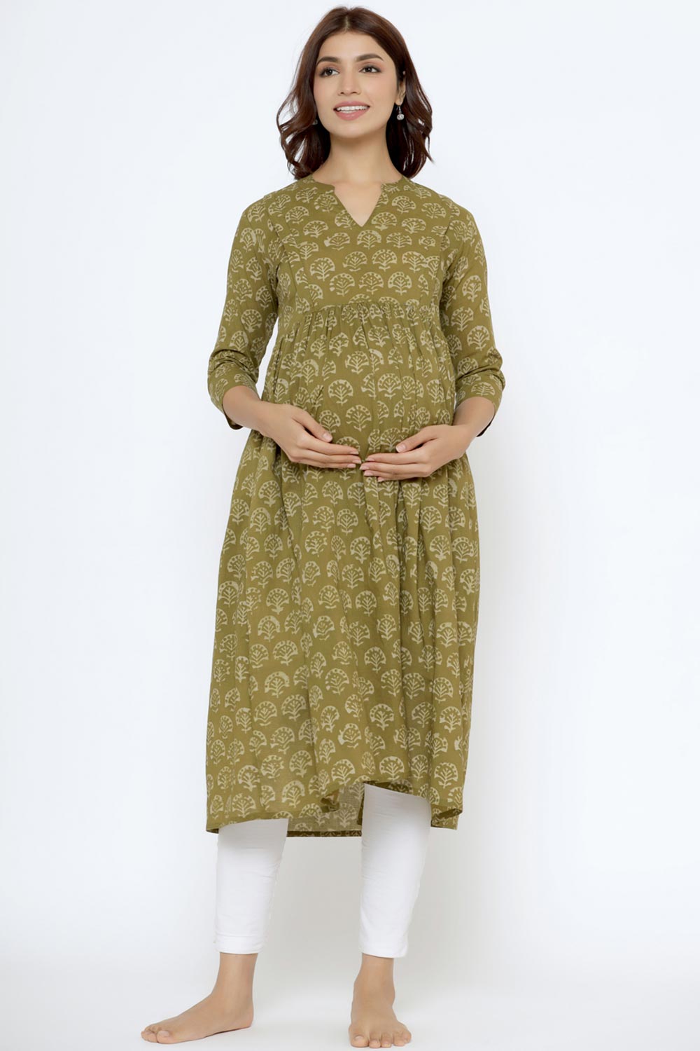 Green Cotton Boota Print Sweetheart Neck Nursing Kurta