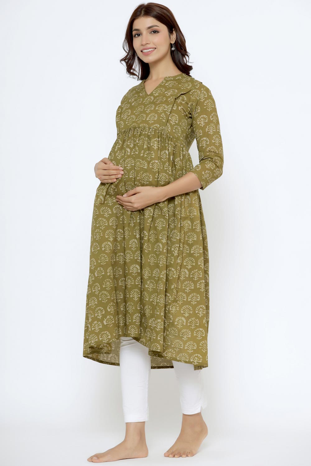 Green Cotton Boota Print Sweetheart Neck Nursing Kurta