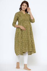 Green Cotton Boota Print Sweetheart Neck Nursing Kurta