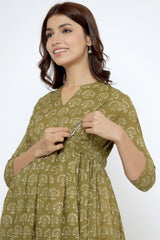 Green Cotton Boota Print Sweetheart Neck Nursing Kurta