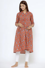 Red Cotton Floral Jaal Sweetheart Neck Nursing Kurta