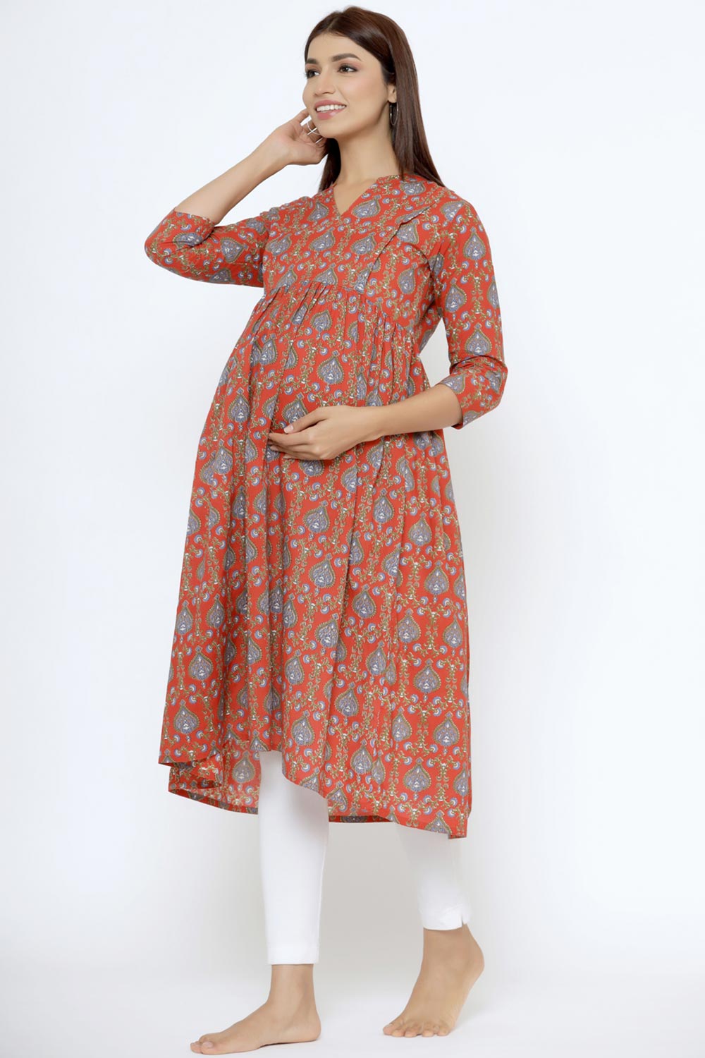 Red Cotton Floral Jaal Sweetheart Neck Nursing Kurta