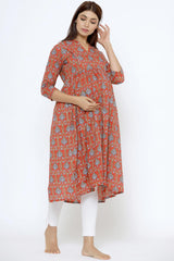 Red Cotton Floral Jaal Sweetheart Neck Nursing Kurta