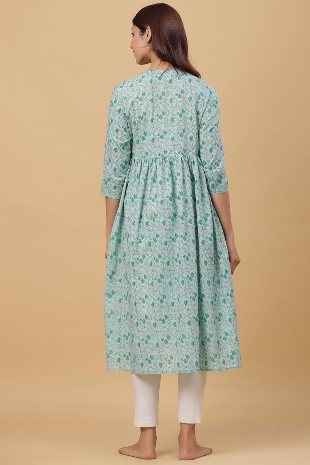 Teal Cotton Floral Jaal Sweetheart Neck Nursing Kurta