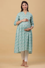 Teal Cotton Floral Jaal Sweetheart Neck Nursing Kurta