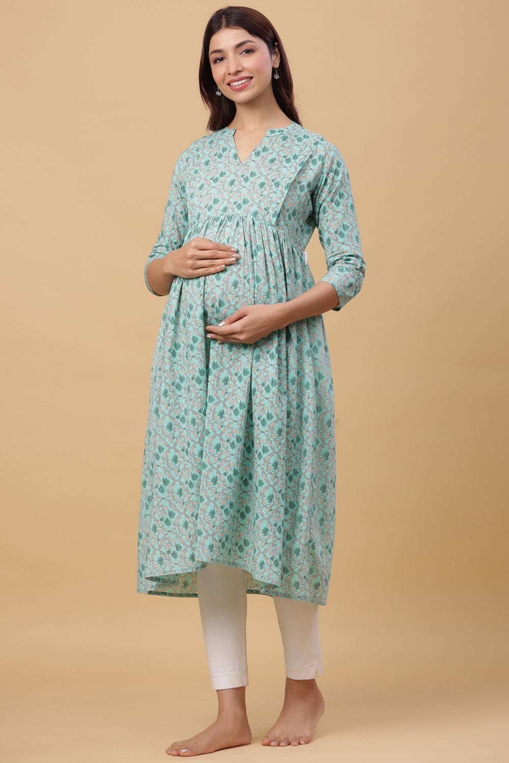 Teal Cotton Floral Jaal Sweetheart Neck Nursing Kurta