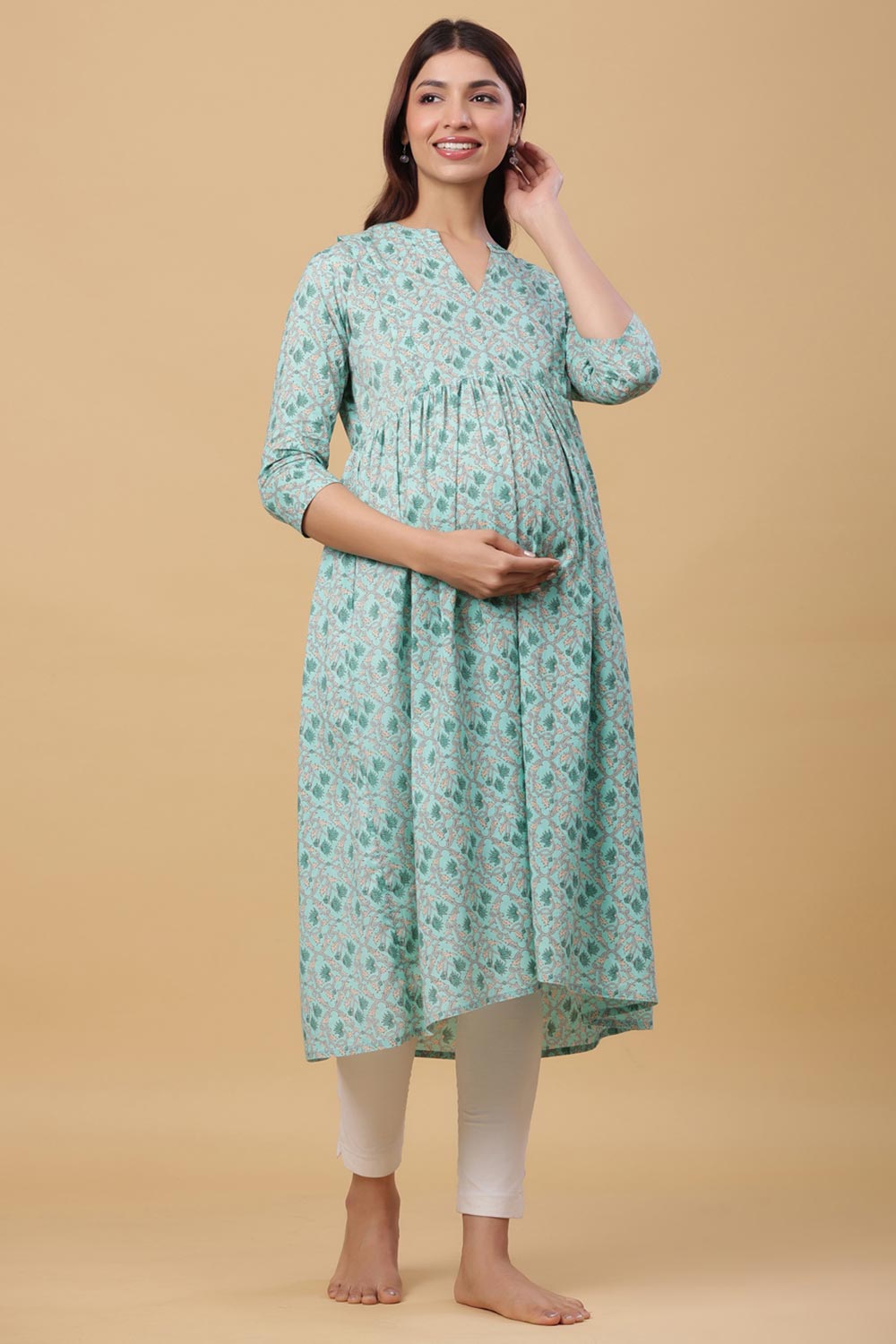 Teal Cotton Floral Jaal Sweetheart Neck Nursing Kurta