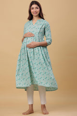 Teal Cotton Floral Jaal Sweetheart Neck Nursing Kurta