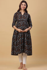 Black Cotton Floral Jaal Sweetheart Neck Nursing Kurta