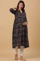 Black Cotton Floral Jaal Sweetheart Neck Nursing Kurta