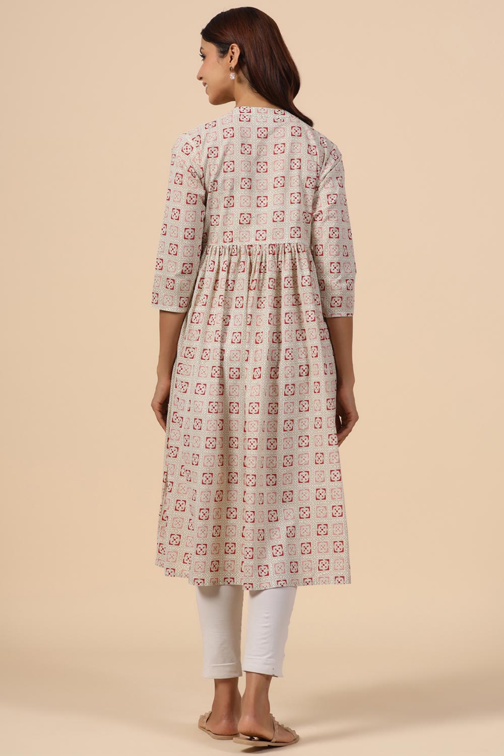 Cream Cotton Floral Jaal Sweetheart Neck Nursing Kurta