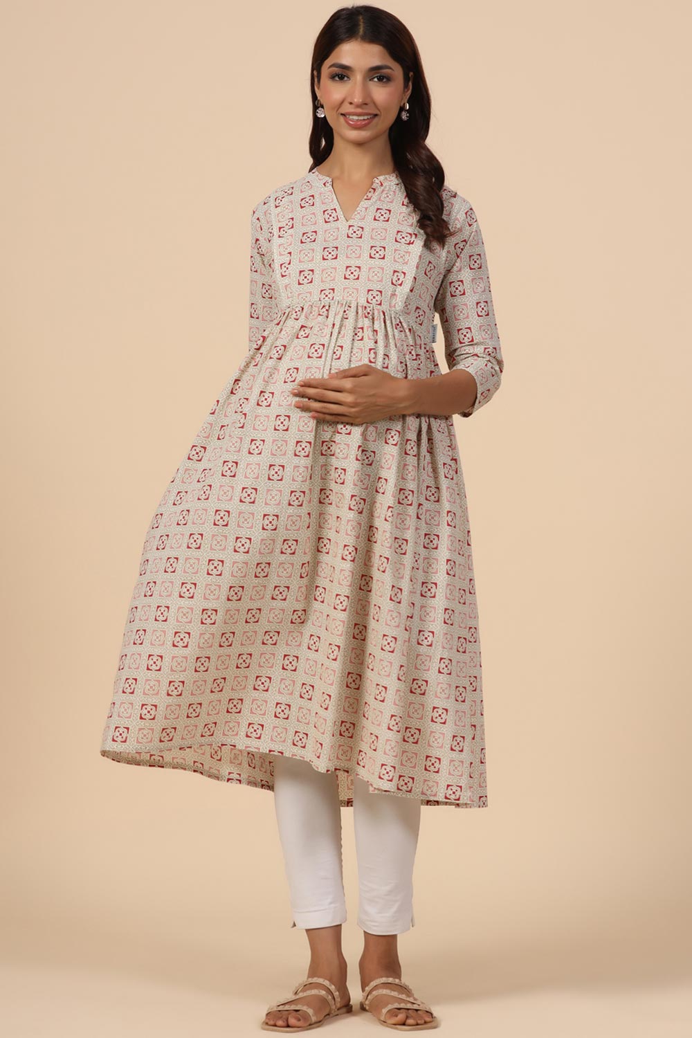 Cream Cotton Floral Jaal Sweetheart Neck Nursing Kurta