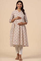 Cream Cotton Floral Jaal Sweetheart Neck Nursing Kurta