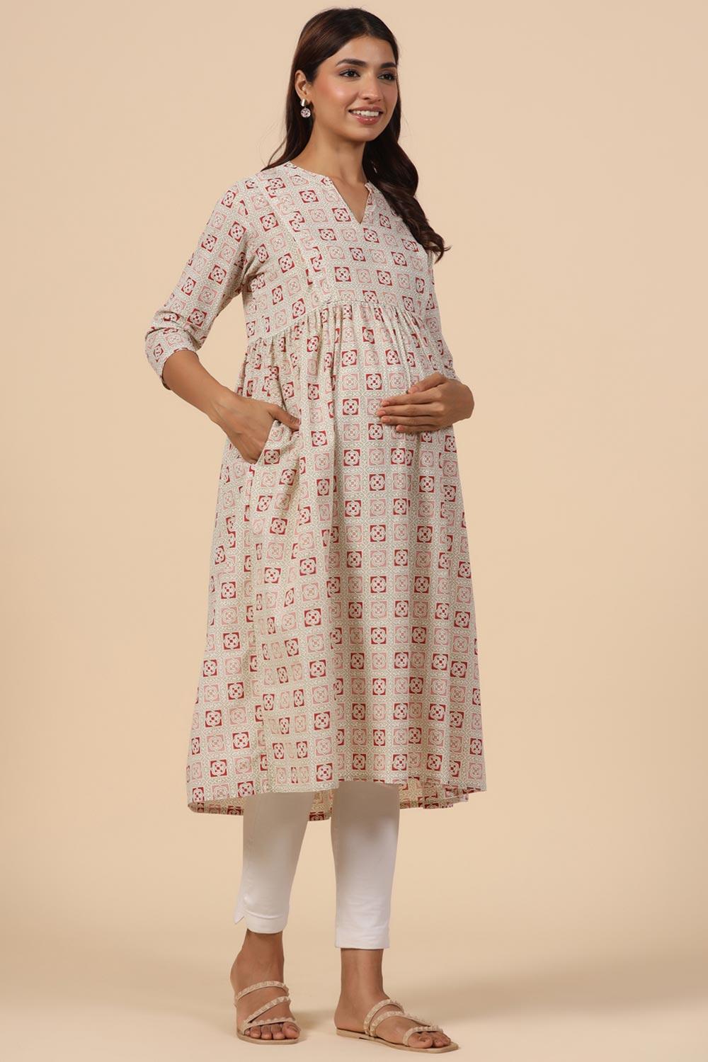 Cream Cotton Floral Jaal Sweetheart Neck Nursing Kurta