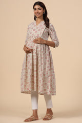 Cream Cotton Floral Jaal Sweetheart Neck Nursing Kurta