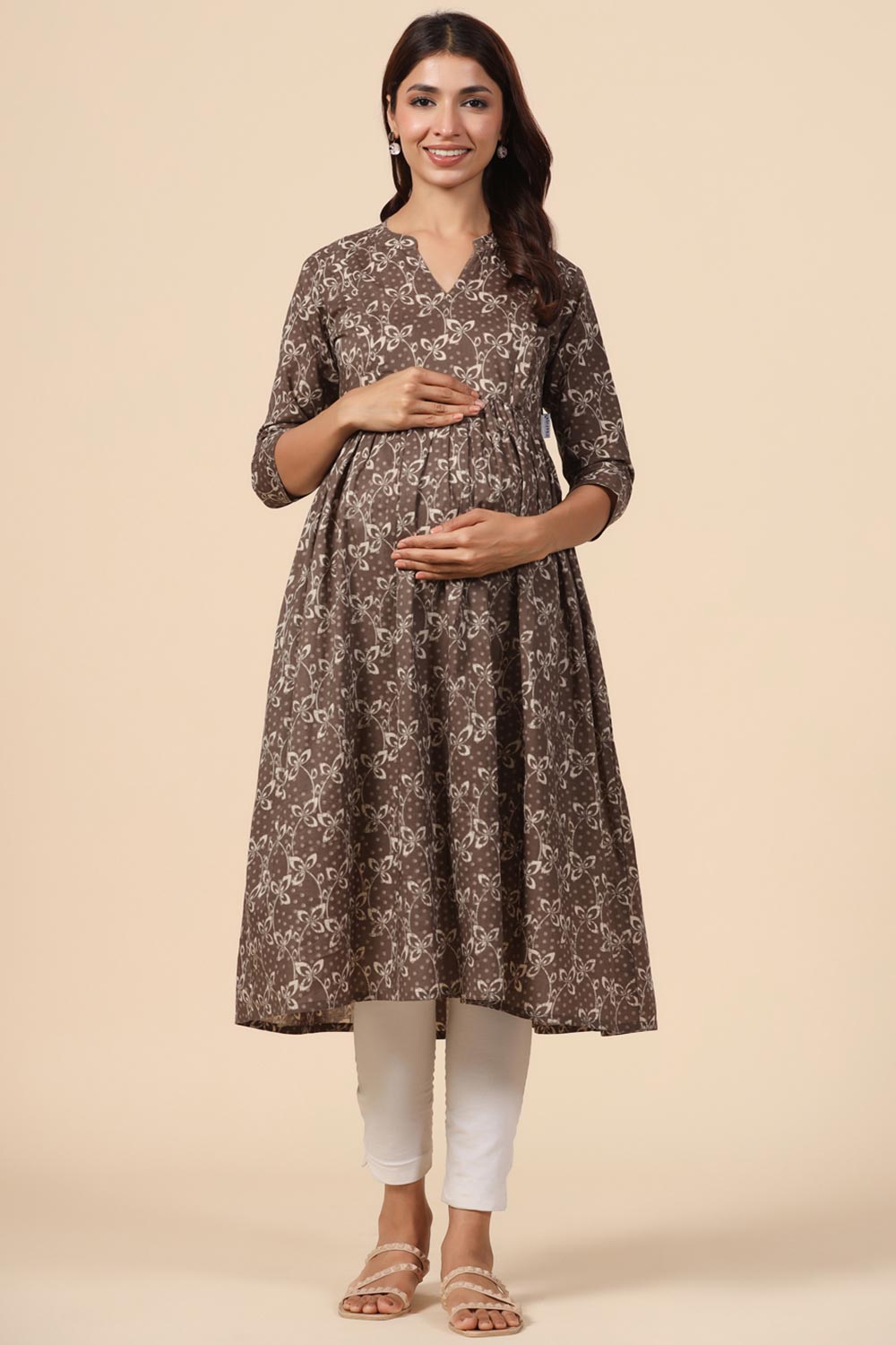 Brown Cotton Floral Jaal Sweetheart Neck Nursing Kurta