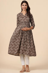 Brown Cotton Floral Jaal Sweetheart Neck Nursing Kurta