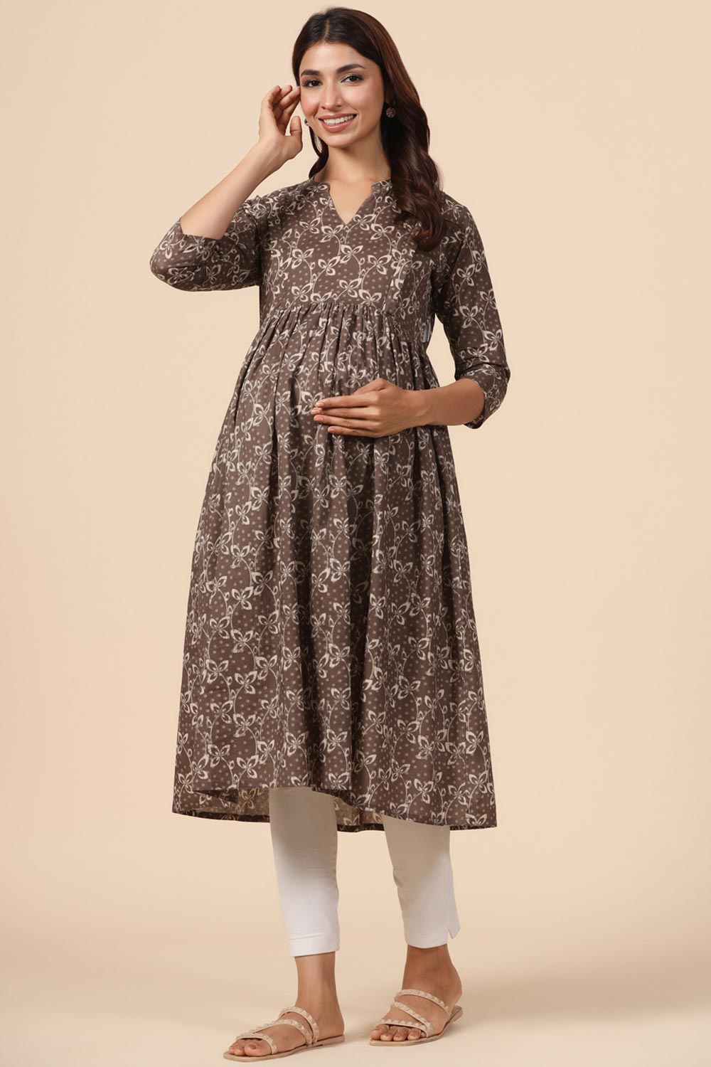 Brown Cotton Floral Jaal Sweetheart Neck Nursing Kurta