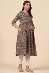 Brown Cotton Floral Jaal Sweetheart Neck Nursing Kurta