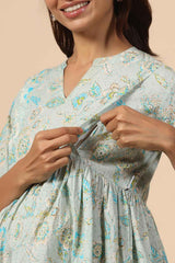 Turquoise Cotton Floral Jaal Sweetheart Neck Nursing Kurta