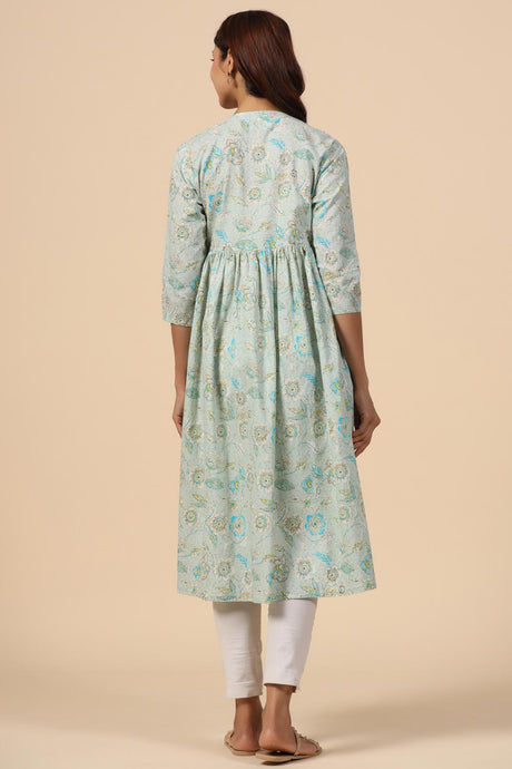 Turquoise Cotton Floral Jaal Sweetheart Neck Nursing Kurta