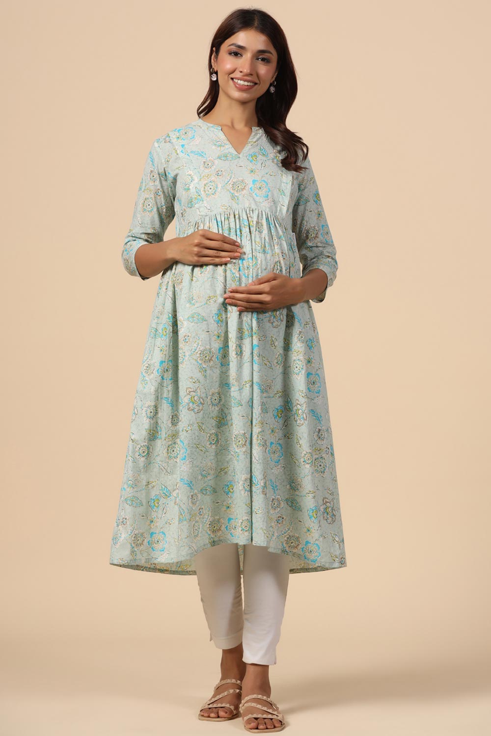 Turquoise Cotton Floral Jaal Sweetheart Neck Nursing Kurta