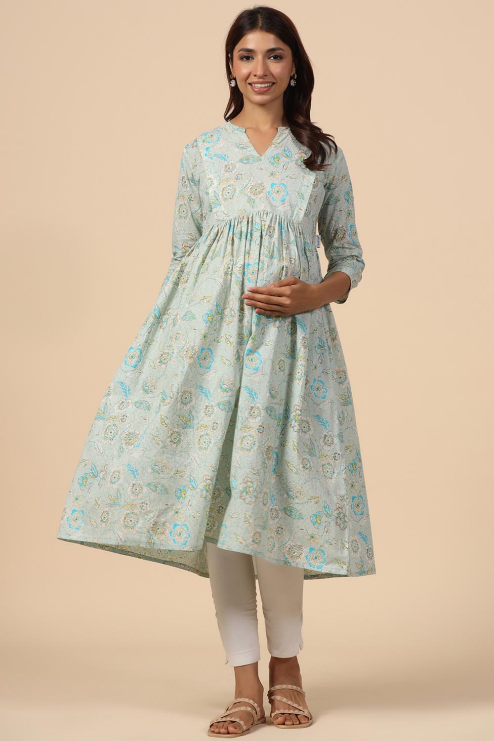 Turquoise Cotton Floral Jaal Sweetheart Neck Nursing Kurta