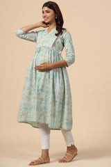 Turquoise Cotton Floral Jaal Sweetheart Neck Nursing Kurta