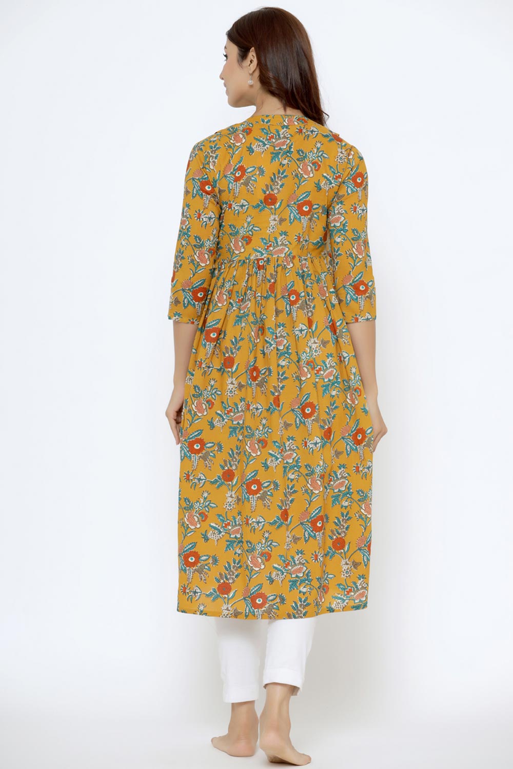 Yellow Cotton Floral Jaal Sweetheart Neck Nursing Kurta