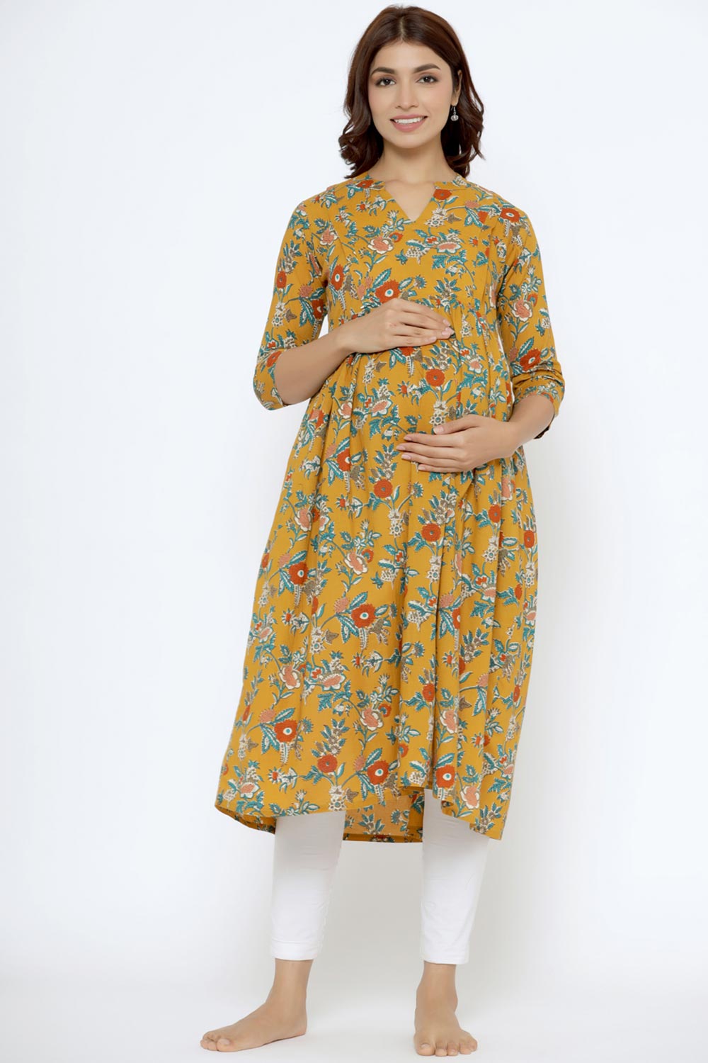 Yellow Cotton Floral Jaal Sweetheart Neck Nursing Kurta