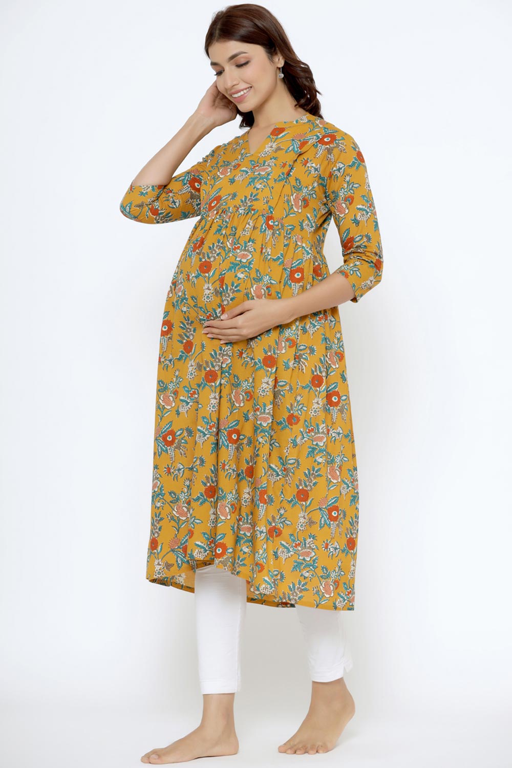 Yellow Cotton Floral Jaal Sweetheart Neck Nursing Kurta