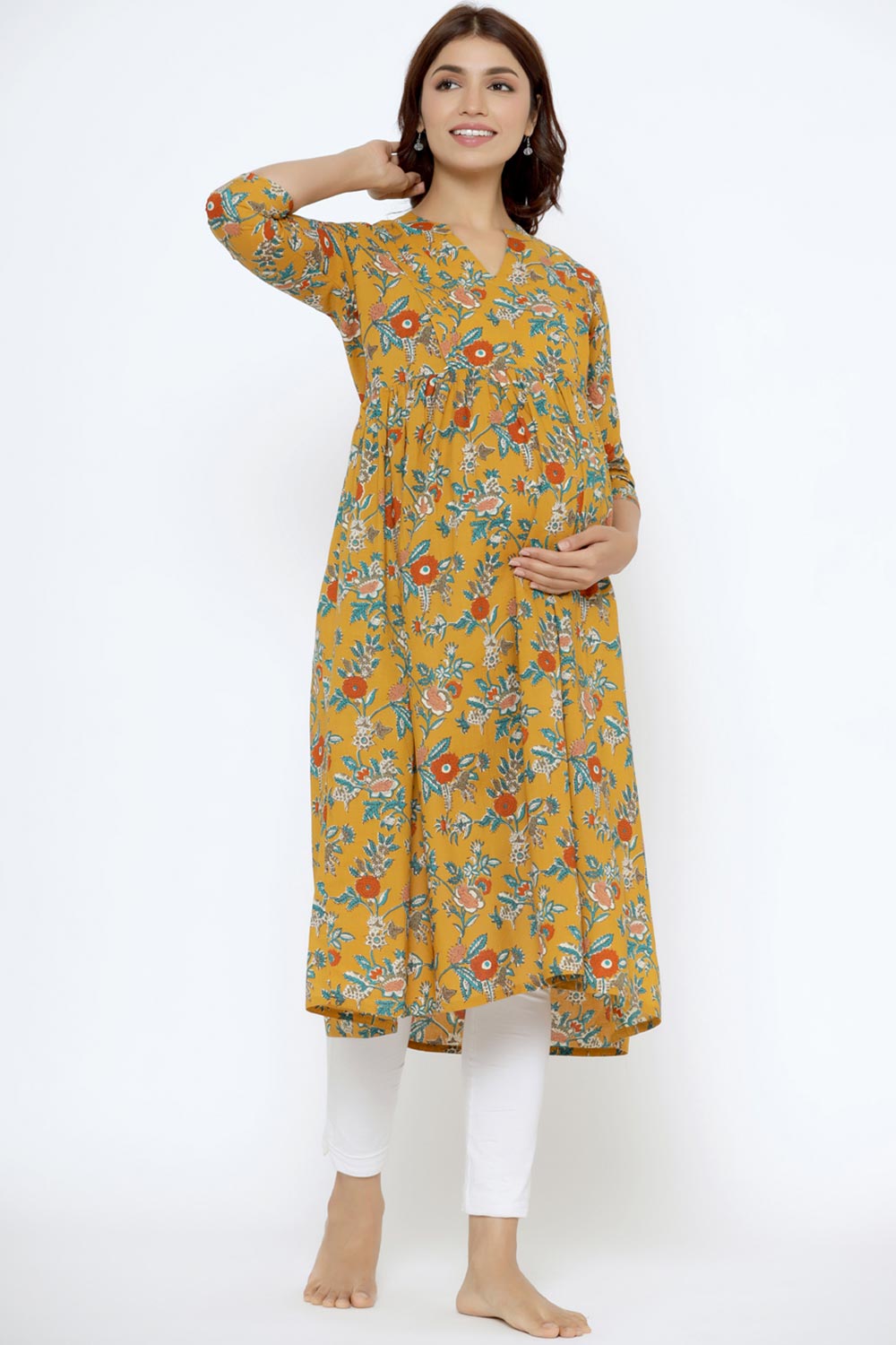 Yellow Cotton Floral Jaal Sweetheart Neck Nursing Kurta