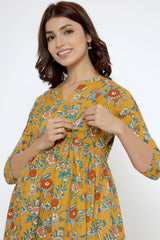 Yellow Cotton Floral Jaal Sweetheart Neck Nursing Kurta