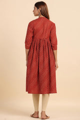 Red Cotton Lines Sweetheart Neck Nursing Kurta