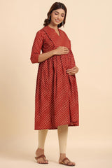 Red Cotton Lines Sweetheart Neck Nursing Kurta